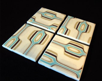 Geometric Modern Coasters - GREAT Gift Idea - Ceramic Tile & Barkcloth - Aqua on Cream - Set of 4 -- approx 4" x 4"