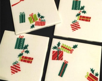 Vintage Christmas Coasters - Vintage 30s/40s fabric on Tile - Retro Coasters - Mid Century Christmas - Set of 4