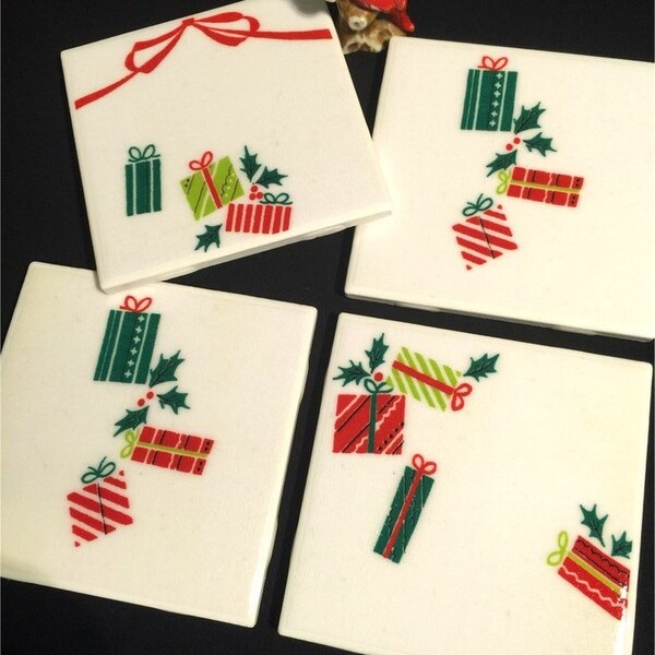 Vintage Christmas Coasters - Vintage 30s/40s fabric on Tile - Retro Coasters - Mid Century Christmas - Set of 4