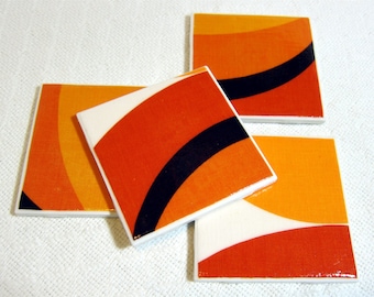 Mod Retro Coasters - Vintage Fabric - GREAT Gift Idea - Oranges, Brown - Ceramic Tiles - Set of 4 - approx 4" x 4"