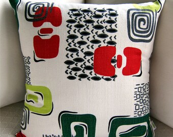 Vintage Barkcloth Retro Pillow Cover - 1950s Cortez Pattern  White, Lime, Red