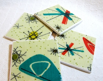 Atomic Starburst Drink Coasters - Great Gift Idea - Ceramic Tile & Barkcloth - Set of 4 - approx 4" x 4”