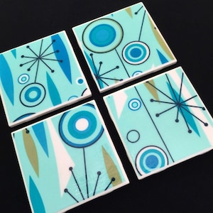 Jetson's Turquoise Jet Set Space Age Atomic Starburst Tile Coasters Great Gift Idea Set of Four image 3