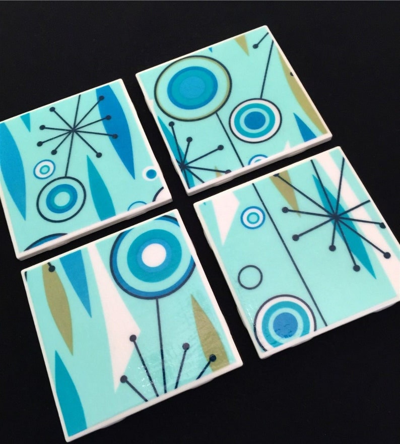 Jetson's Turquoise Jet Set Space Age Atomic Starburst Tile Coasters Great Gift Idea Set of Four image 3
