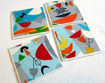 Mod Century Atomic Mobile Drink Coasters - Great Gift Idea - Ceramic Tile & Barkcloth - Blue, Red, Grey - Set of 4 -- approx 4" x 4"