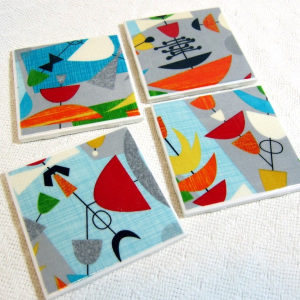 Mod Century Atomic Mobile Drink Coasters - Great Gift Idea - Ceramic Tile & Barkcloth - Blue, Red, Grey - Set of 4 -- approx 4" x 4"