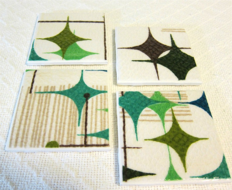 Vintage Starlight Room Barkcloth Coasters GREAT Gift Idea Ceramic Tiles Set of 4 approx 4 x 4 FREE SHIPPING image 2