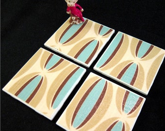 Modern Coasters - Aqua Loops - GREAT Gift Idea - Ceramic Tiles & Chris Stone Fabric - Set of 4 - approx 4" x 4"