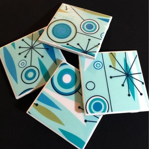 Jetson's Turquoise Jet Set Space Age Atomic Starburst Tile Coasters Great Gift Idea Set of Four image 2