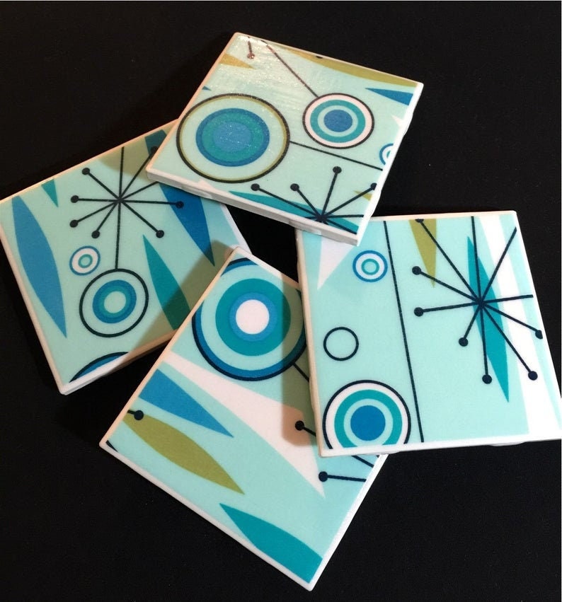 Jetson's Turquoise Jet Set Space Age Atomic Starburst Tile Coasters Great Gift Idea Set of Four image 2