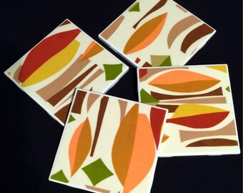 Mod Drink Coasters - Great Gift Idea - Ceramic Tile - Salmon, Gold, Mustard, Latte, Rust, Cream - Set of 4