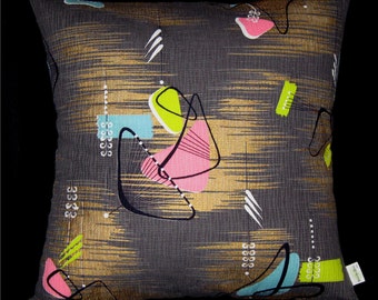 Vintage Retro Pillow Cover - Boomerangs Bark Crepe - Metallic Gold Dark Grey Lime Pink Aqua - Shown with 18" sq (46cm) insert