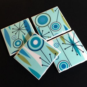 Jetson's Turquoise Jet Set Space Age Atomic Starburst Tile Coasters Great Gift Idea Set of Four image 1