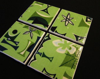 Retro Kitschy Barkcloth Coasters - Kiwi Lime Green Atomic - GREAT Gift Idea - Ceramic Tile & Barkcloth -- Set of 4 -- approx 4" x 4"