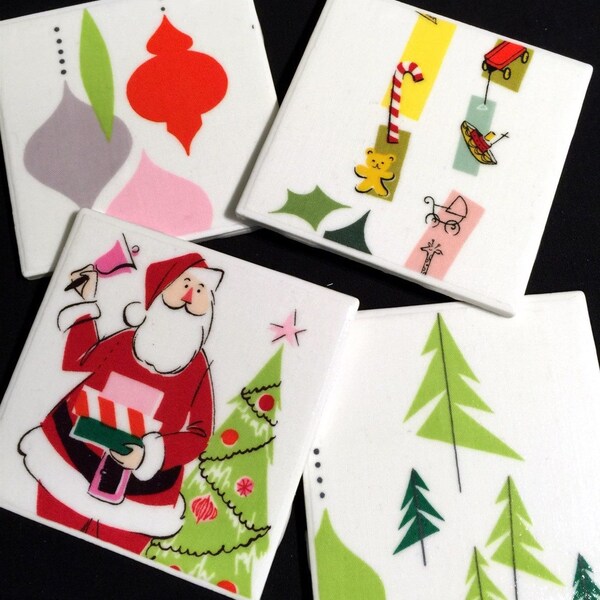 Vintage Christmas Vintage Holiday - Retro Coasters - Mid Century Christmas - Ceramic Tiles & Fabric - Set of 4 - approx 4" x 4"