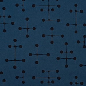 May include: A blue fabric with a repeating pattern of black geometric shapes. The shapes are made up of circles connected by lines.