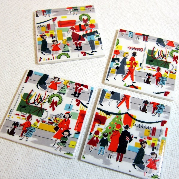 Vintage Christmas Coasters - Mid Century Merry Main Street - Holiday Gift - Ceramic Tiles & Fabric - Set of 4