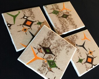 Vintage Barkcloth Coasters - Jetsons Orange, Green, Brown, Tan - Great Gift Idea - Ceramic Tiles - Set of 4