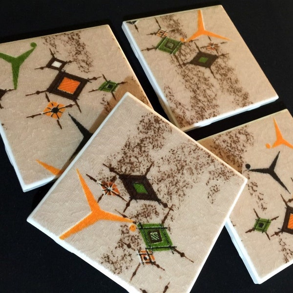 Vintage Barkcloth Coasters - Jetsons Orange, Green, Brown, Tan - Great Gift Idea - Ceramic Tiles - Set of 4