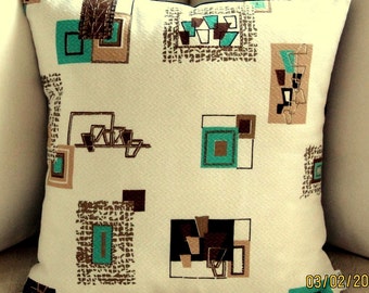 1950s Palm Springs Cabana Barkcloth Pillow Cover - Turquoise, Tan, Metallic Gold, Black and Dark Chocolate on White - Many Sizes Available