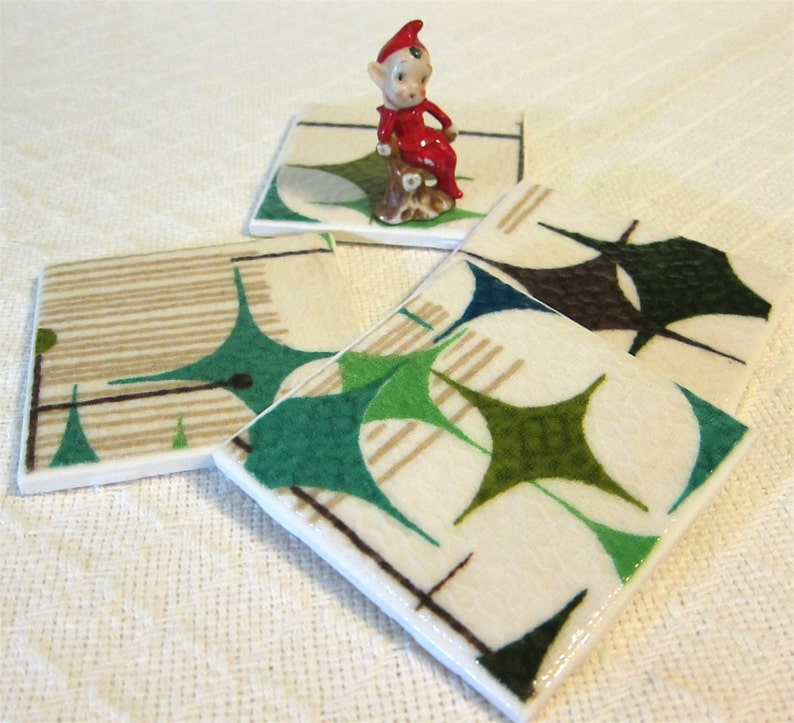 Vintage Starlight Room Barkcloth Coasters GREAT Gift Idea Ceramic Tiles Set of 4 approx 4 x 4 FREE SHIPPING image 3