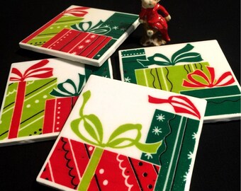 Vintage Christmas - Vintage Holiday 1930s/40s fabric on Tile - Retro Coasters - Mid Century Christmas - Set of 4