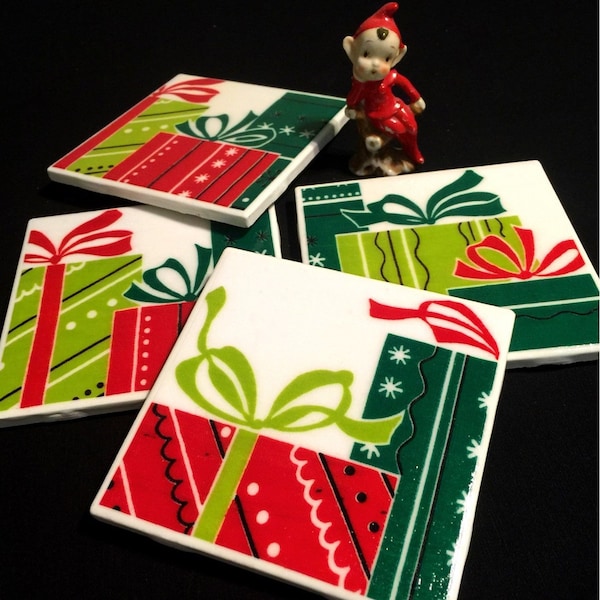 Vintage Christmas - Vintage Holiday 1930s/40s fabric on Tile - Retro Coasters - Mid Century Christmas - Set of 4