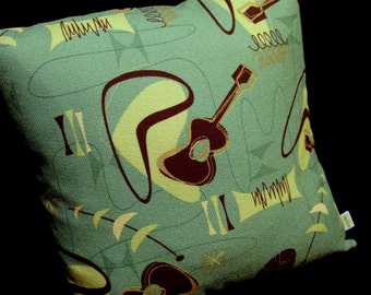 Retro Guitars Pillow Cover - Beatnik Jade Turquoise reproduction barkcloth - Many Sizes Available