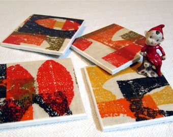 Vintage MCM Retro Barkcloth Coasters - Great Gift Idea - Orange, Brown, Yellow, Red - Ceramic Tiles - Set of 4  FREE SHIPPING