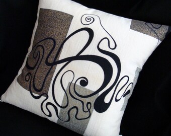 Art Deco Vintage Barkcloth Lumbar Pillow Cover -- BLACK and GOLD on VANILLA - Many Sizes Available