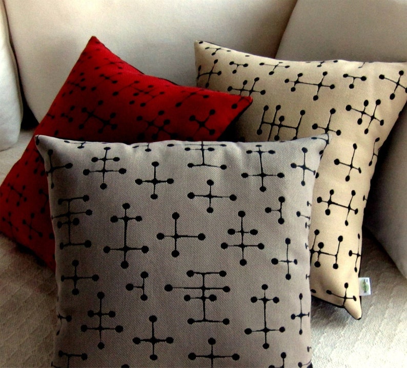 MCM Eames Dot Retro Pillow Cover Maharam Fabric Small Dot Pattern Taupe Grey and Black Many Sizes Available image 2