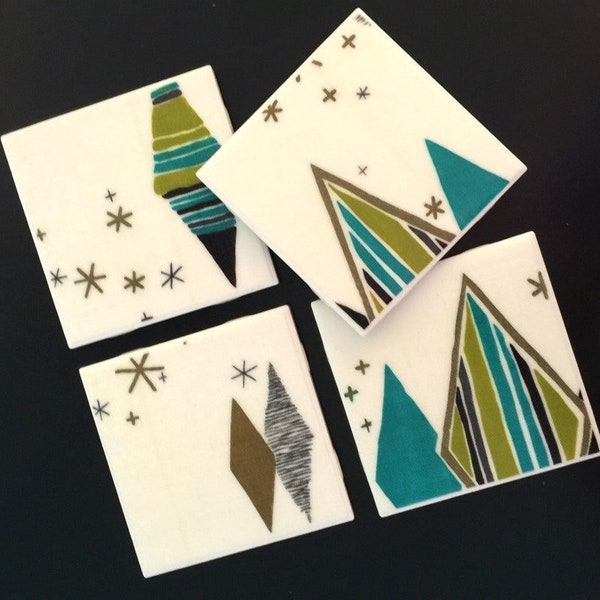 Mid Century Vintage Coasters - Diamonds and Stars  - Teal, Avocado, Gold - Vintage Fabric on Ceramic Tiles - Set of 4 - approx 4" x 4"