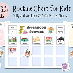 Könnte beinhalten: Ausdruckbare Routine-Tabelle für Kinder mit Tages- und Wochenplänen, 240+ Karten und 14 Tabellen. Enthält Illustrationen für Aktivitäten wie Gassi gehen, Bücher lesen und zur Schule gehen. Das Design hat einen hellblauen Hintergrund.
