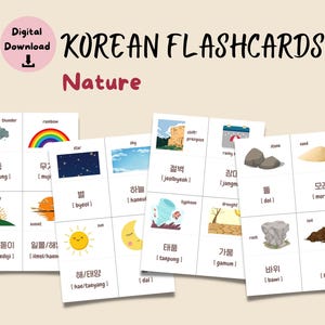 Printable Korean Nature Flashcards, Learn Korean Vocabulary, Hangul & English, Nature Words, Korean Self Study Materials, Korean Flash Cards