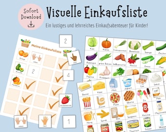 Printable visual shopping list for children – My first shopping trip with pictures, flashcards & shopping activity, learning game with shopping pictures