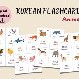 Printable Korean Vocabulary Flashcards, Animal Flashcards for Learning Korean, Korean Language Study, Hangul Cards with English Translations
