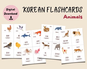 Schede didattiche stampabili con vocabolario coreano, schede didattiche con animali per imparare il coreano, studio della lingua coreana, schede Hangul con traduzione in inglese