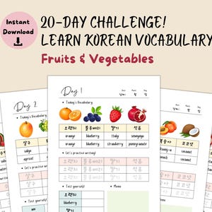 Défi de vocabulaire coréen de 20 jours – Fruits et légumes, fiches imprimables pour pratiquer le hangul, cahier d'exercices de vocabulaire coréen, apprentissage de nouveaux mots