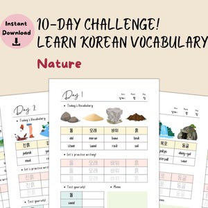 Może przedstawiać: Drukowalne 10-dniowe wyzwanie, aby nauczyć się koreańskiego słownictwa związanego z naturą. Wyzwanie zawiera obrazy, koreańskie słowa i angielskie tłumaczenia. Słowa obejmują "kamień", "piasek", "skała", "gleba", "błoto", "wodospad", "jaskinia", "tajfun" i "susza".