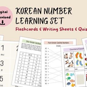 Könnte beinhalten: Ein Satz koreanischer Zahlenlern-Flashcards, Schreibblätter und Quiz. Die Flashcards zeigen die koreanischen Zahlen von 1 bis 10 mit ihren entsprechenden koreanischen Wörtern. Die Schreibblätter enthalten eine Tabelle mit sino-koreanischen Kardinalzahlen und eine Zuordnungsaktivität für reine koreanische Kardinalzahlen. Die Quiz bieten eine Vielzahl von Zähl- und Klassifizierungsaktivitäten.