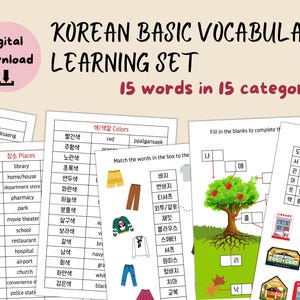 Korean Vocabulary Workbook for Beginners, Korean Words in 15 Categories, Hangul Worksheets, Hangul Writing Practice, Self Tests & Quizzes