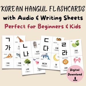 Printable Korean Flashcards with Audio & Writing Practice, Hangul for Beginners and Kids, Korean Pronunciation MP3s, Hangul Learning Set