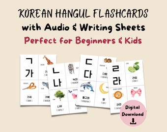 Op de afbeelding: Koreaanse Hangul-flitskaarten met kleurrijke illustraties en Engelse vertalingen. De flitskaarten tonen Koreaanse karakters, Engelse woorden en afbeeldingen van objecten zoals een schaar, een schildpad, een boom, een dolfijn, een halve maan, instantnoedels en een limoen.