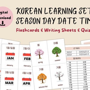 May include: A set of Korean language learning flashcards featuring illustrations of clocks, calendars, and seasons. The flashcards include Korean text and English translations for words like "hour hand", "January", "spring", and "summer".
