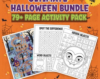 May include: An Ultimate Halloween Bundle activity pack with 79+ pages. The cover features the text "Ultimate Halloween Bundle" and "79+ Page Activity Pack". Inside are activity sheets with word searches, hidden objects, and spot the difference games. The background is orange with Halloween-themed decorations.
