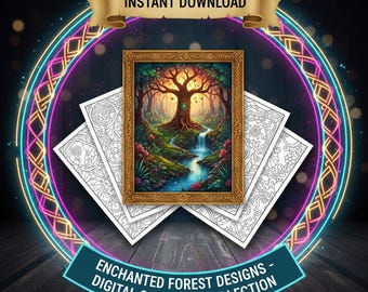 Páginas para colorear de bosques frondosos para adultos / 33 escenas de la naturaleza para descargar digitalmente / Libro para colorear imprimible de bosques para aliviar el estrés