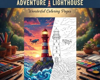 May include: A coloring book titled "Adventure Lighthouse" features a vibrant illustration of a lighthouse on a rocky coast with crashing waves and a sunset sky. The image is split, with a colored version on the left and a black and white outline on the right.