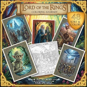 Könnte beinhalten: Eine Sammlung illustrierter Karten aus der „Lord of the Rings Coloring Journey“. Die Karten zeigen Szenen und Charaktere aus der Fantasy-Serie, darunter Gandalf und Gollum. Das Set enthält 48 Karten zum Sortieren und Ausmalen.