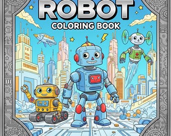 Pode incluir: Uma capa de livro para colorir colorida com o título "ROBOT COLORING BOOK" com ilustrações de robôs em uma cidade futurista. A capa apresenta um robô azul, um robô amarelo e um robô verde. O texto "FOR BOYS - 47 A4 PAGES" está na parte inferior.