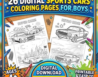 Ausmalbilder von Supercars für Kinder | 26 Sportwagen-Designs (Digitaler Download)